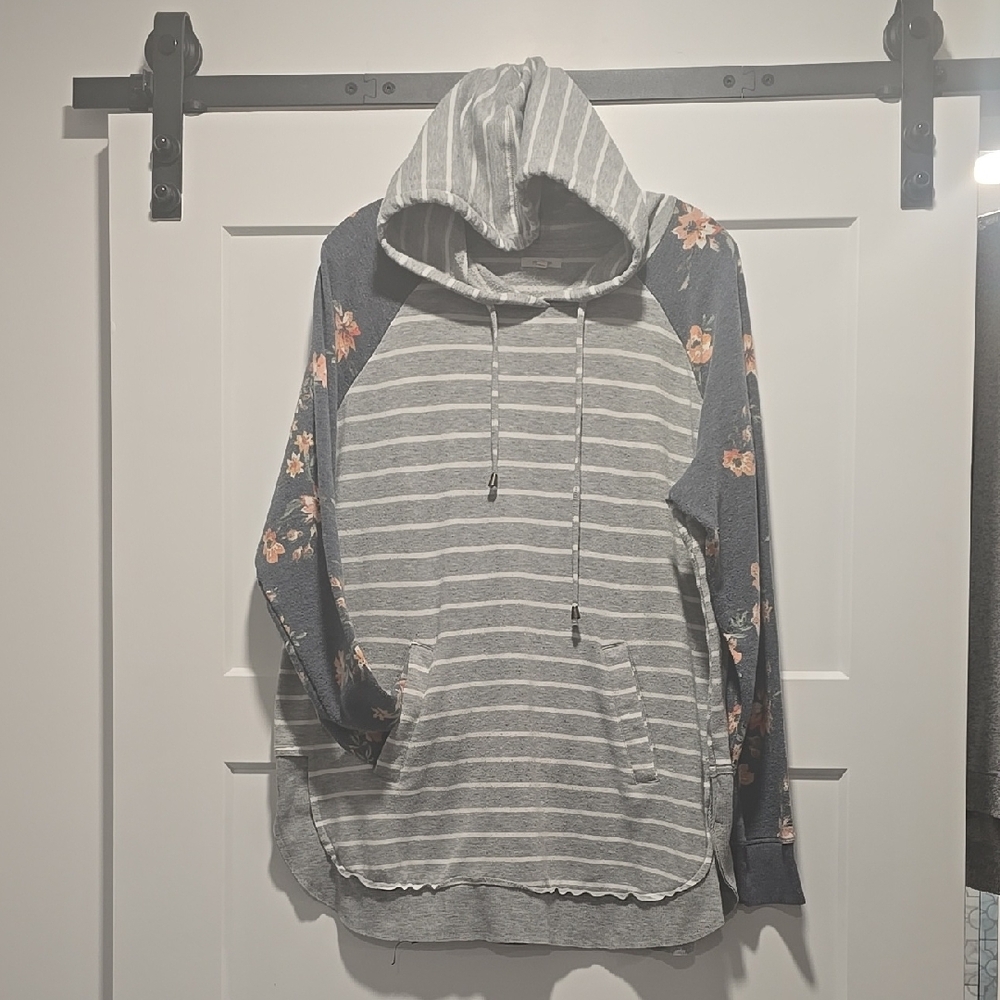 Maurices Gray and Blue Patterned Sweater with Hood